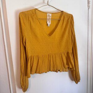 Boho Mustard Yellow Swiss Dot Peplum Blouse | Size Small |